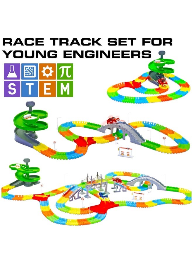 DAT Snap N Glow Trax Light Racer Set – Glow-in-the-Dark Flexible Race Track (360pcs) with 2 LED Cars, Bridges, Spiral Ramp, Lane Connectors, STEM Toy 3+  Key Features (Bullets) - Image 3